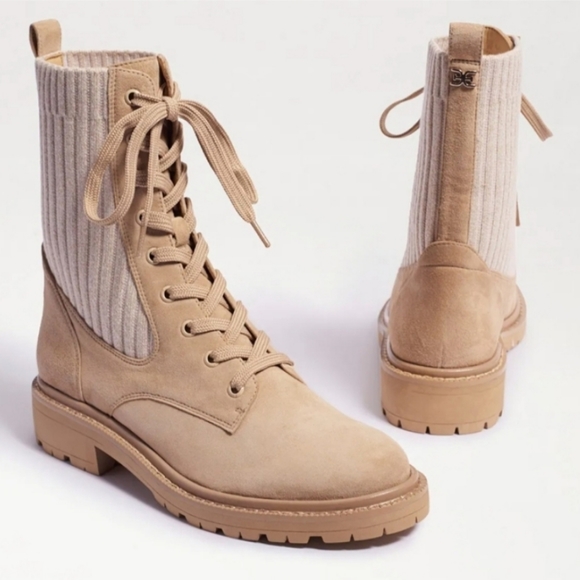 Sale🔥 Sam Edelman Lydell Lug Sole Suede Knit Combat Boot size 7.5 Sesame Tan - Picture 3 of 12